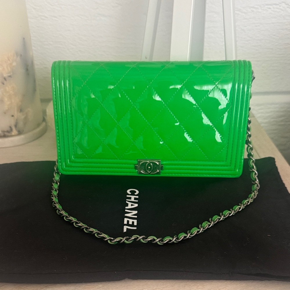 CHANEL Lime Green Patent Crossbody Bag- original-